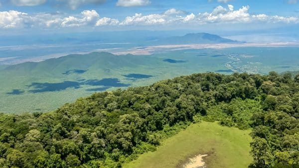 Lush green forest overlooking mountains and a distant volcanic crater under a blue sky.